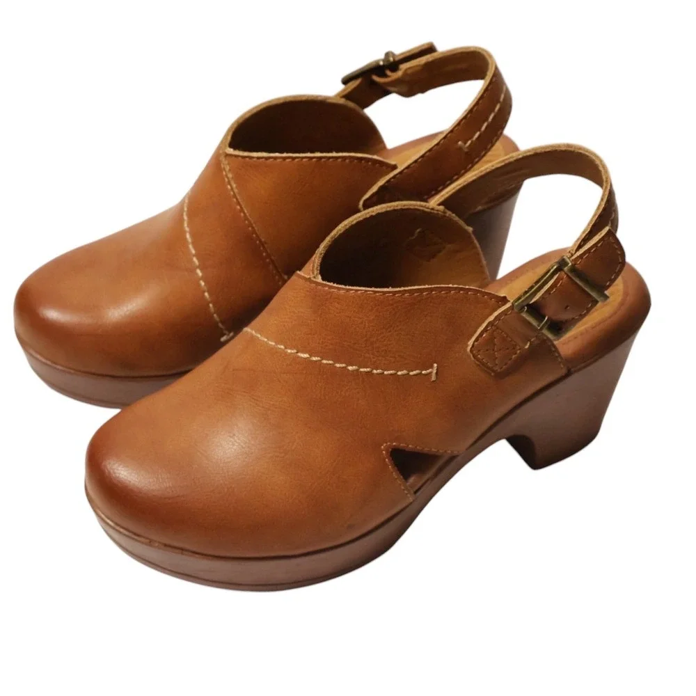 B.O.C. Tan Cognac Faux Leather Slingback Platform Clog Heels Size 7